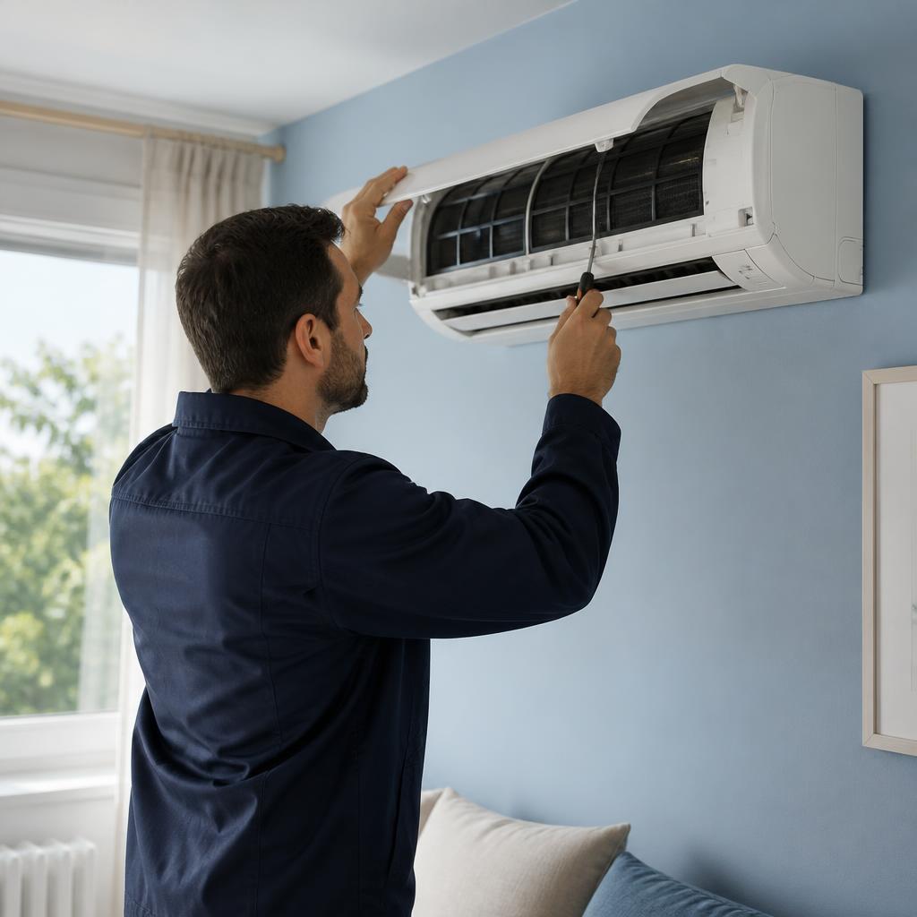 Tecnico che controlla un climatizzatore in un ambiente domestico